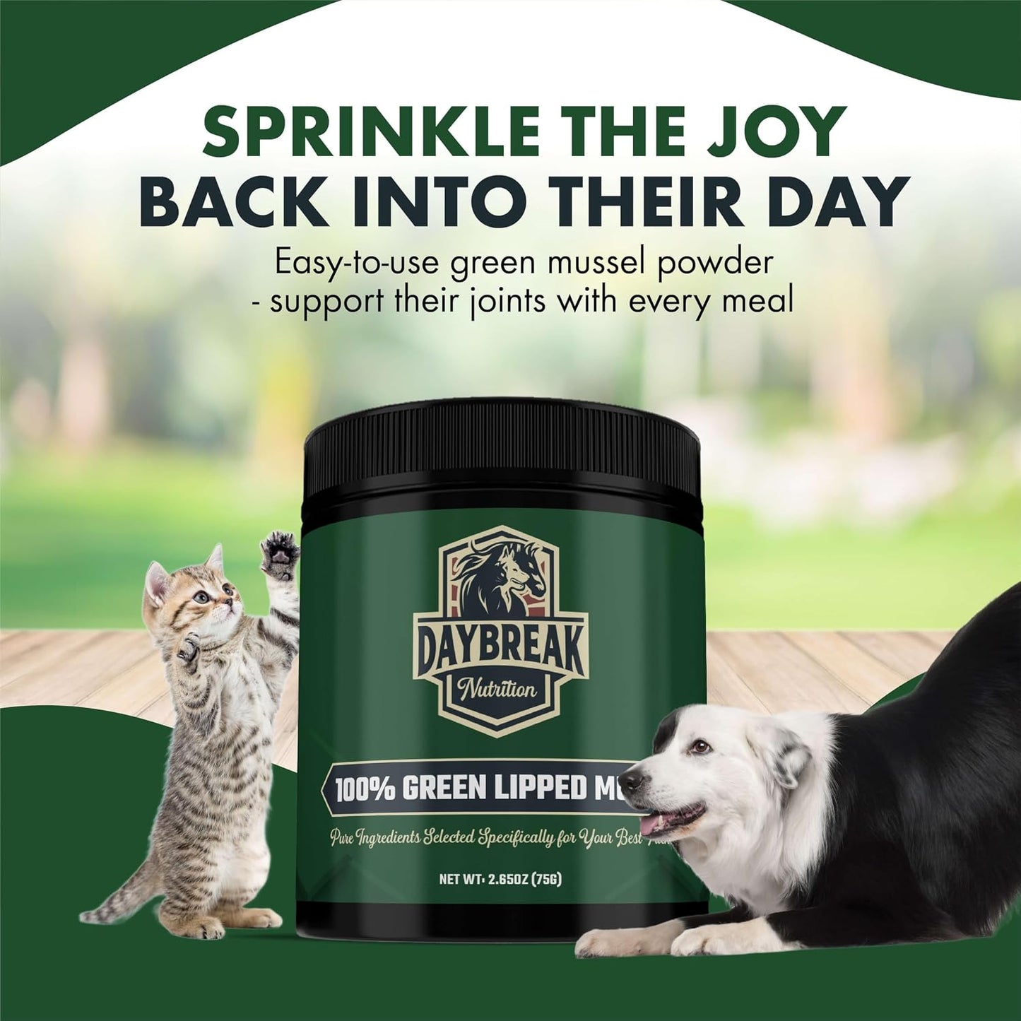 Daybreak Nutrition authentic imported pet wellness vitamin product label close up.