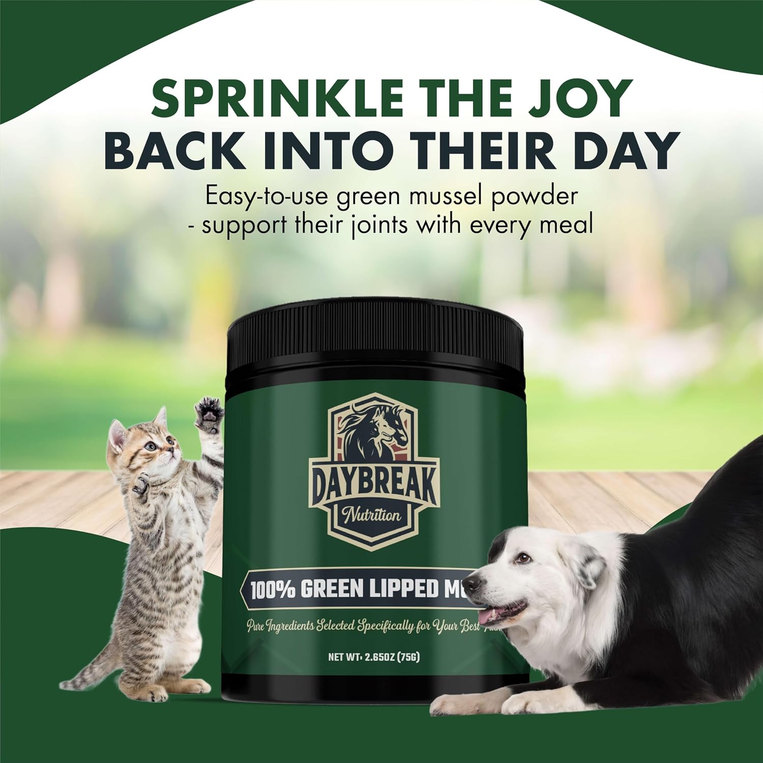 Daybreak Nutrition authentic imported pet wellness vitamin product label close up.