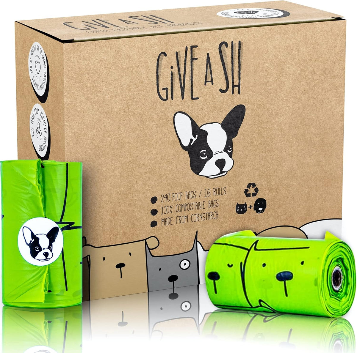 G.A.S certified home compostable dog poop bags front view packaging box