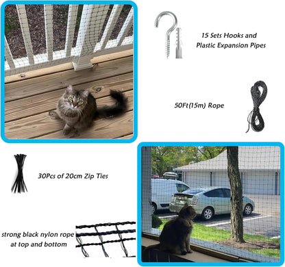 Cat playing safely behind Junflying pet balcony net