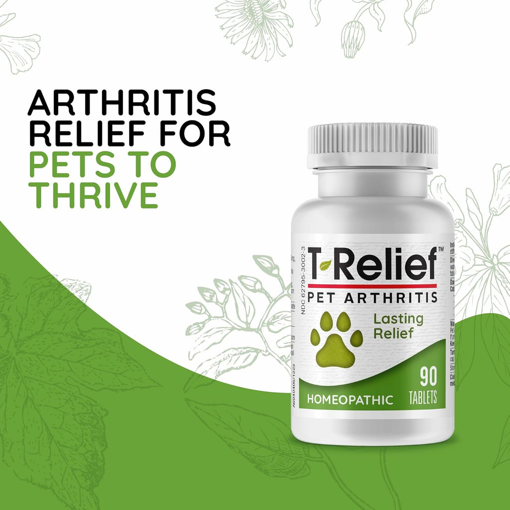 MediNatura T-Relief Pet Arthritis packaging showing Arnica and natural homeopathic active ingredients