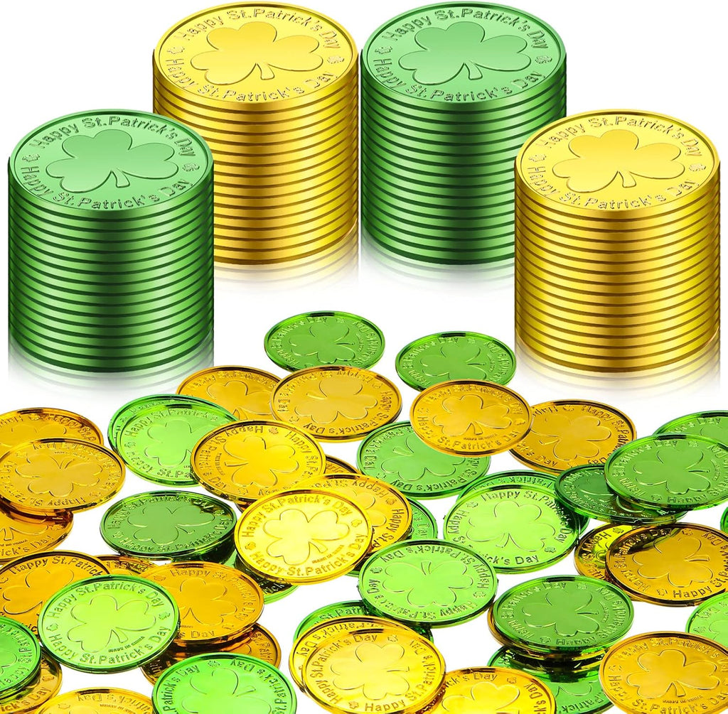 Skylety St Patricks Day Shamrock Coins front view showcasing shiny gold and green embossed plastic tokens.