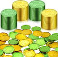 Skylety St Patricks Day Shamrock Coins front view showcasing shiny gold and green embossed plastic tokens.