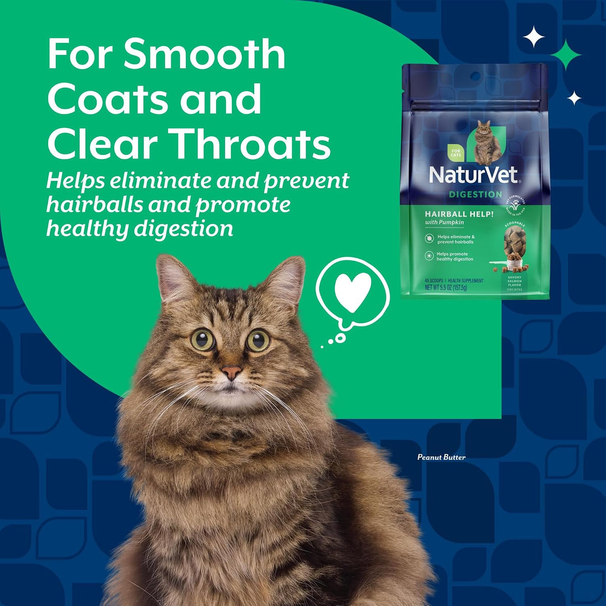 NaturVet cat hairball prevention supplement bag showing the included scooper and tiny bites.