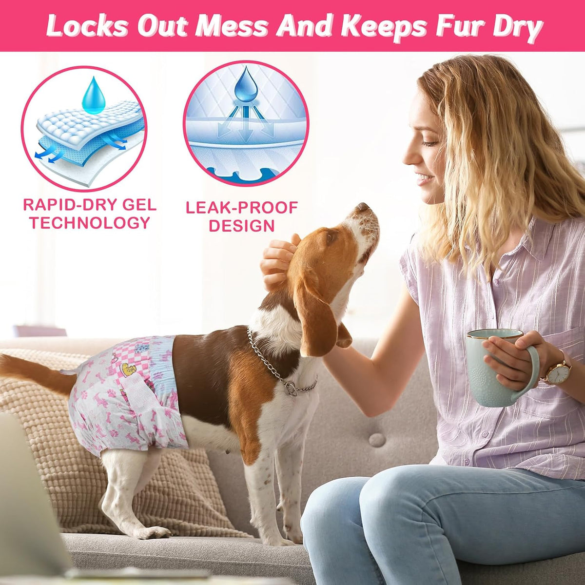 Adjustable hook and loop fasteners on lightweight microfiber female pet diaper