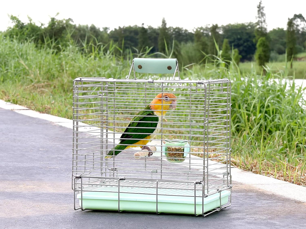 Bird Carrier Travel Cage - 304 Stainless Steel Portable Folding Bird Travel Cage with Parrot Feeder Cups & Standing Perch for Smaller Birds Conures Lovebird Cockatiel Parakeets (Green) - Image 2