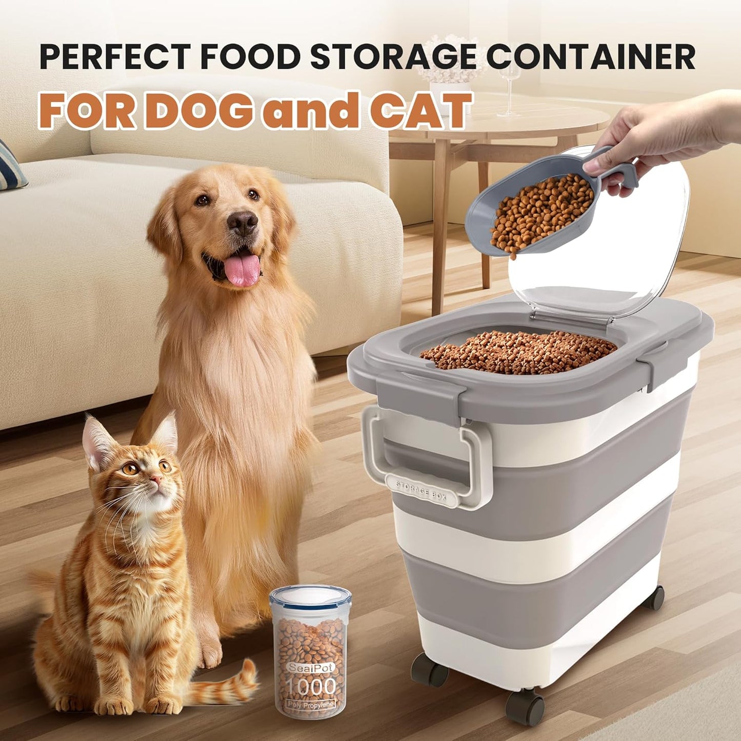 Collapsed dog food storage container for space saving