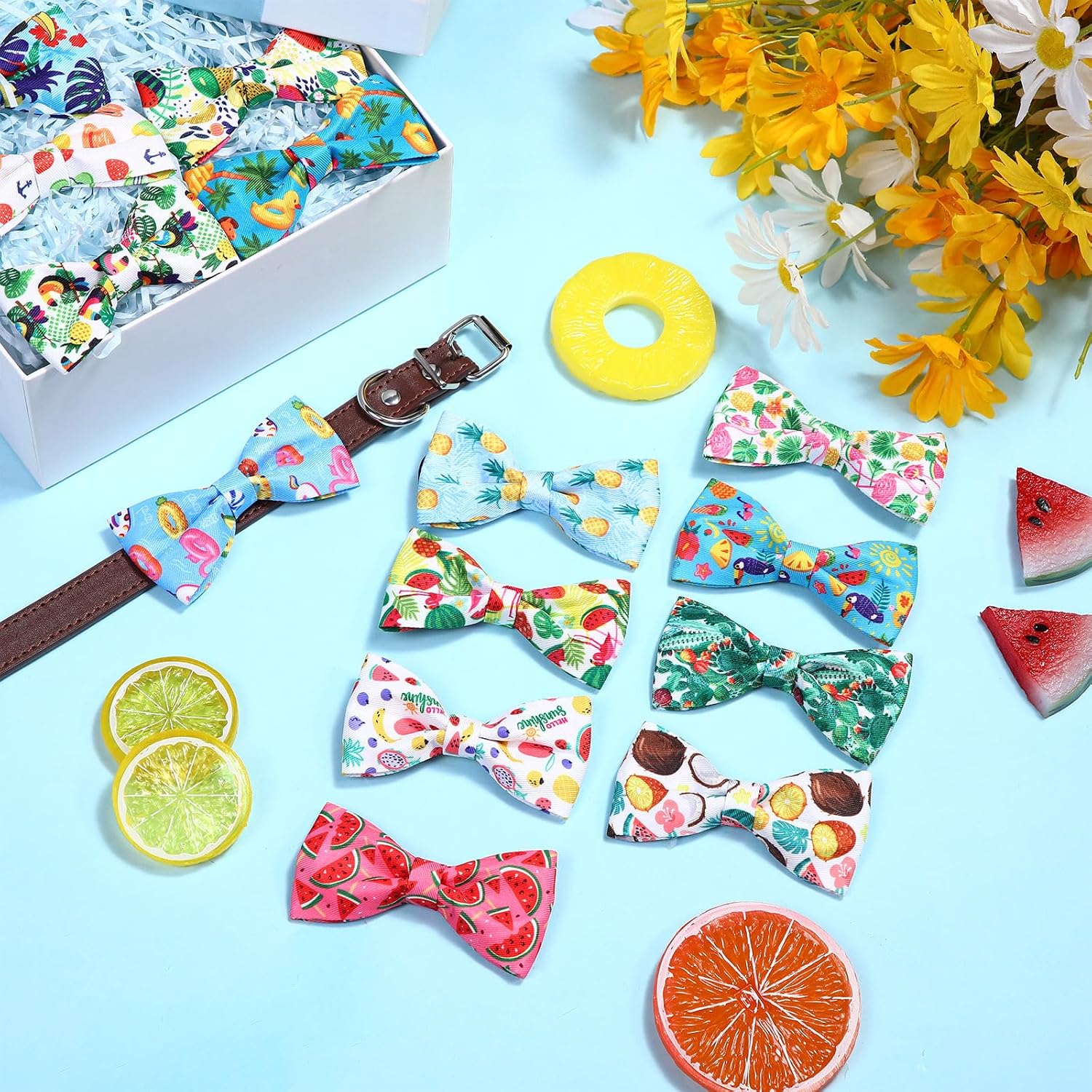 Medium breed puppy showcasing a bright tropical style detachable bow tie on its regular collar.
