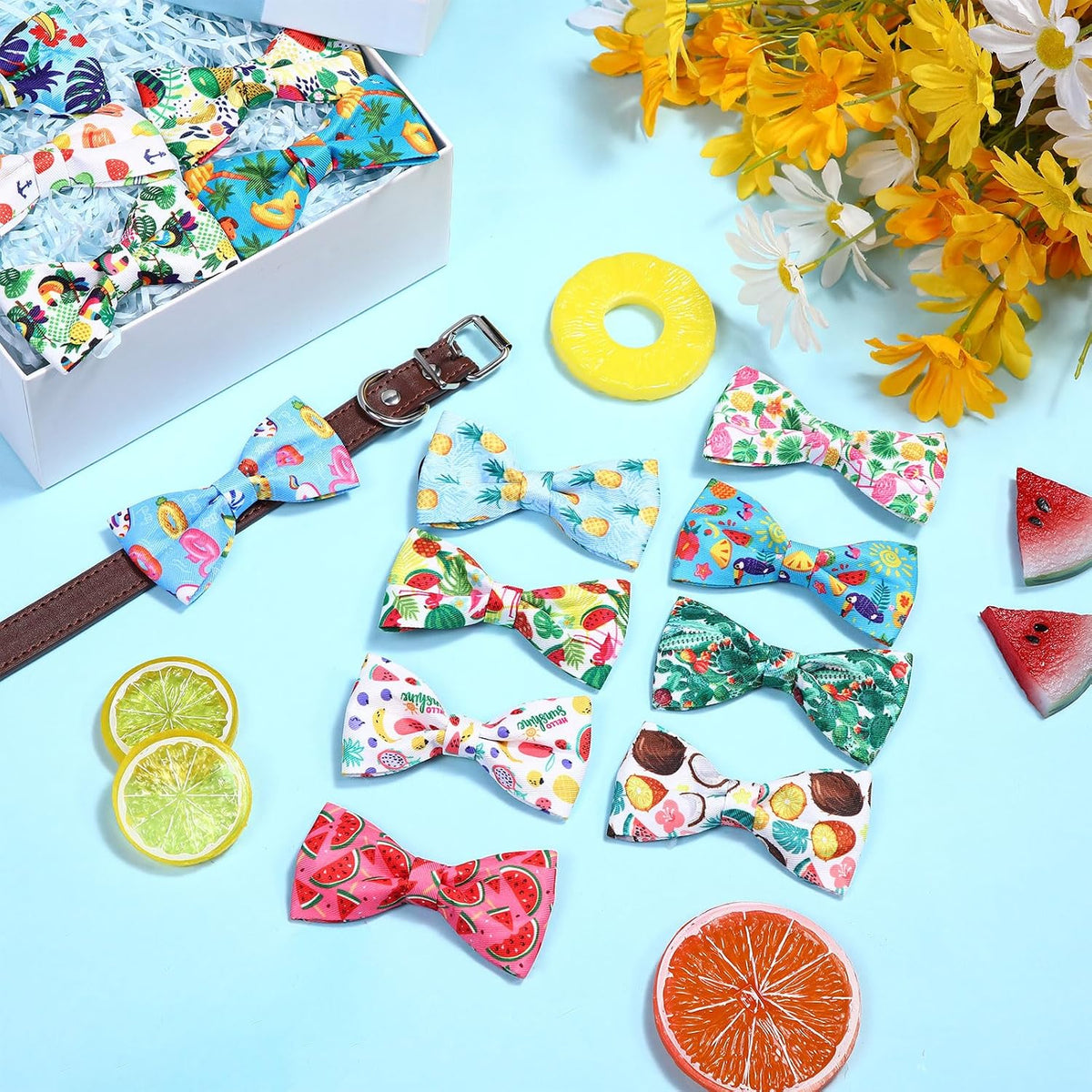 Medium breed puppy showcasing a bright tropical style detachable bow tie on its regular collar.