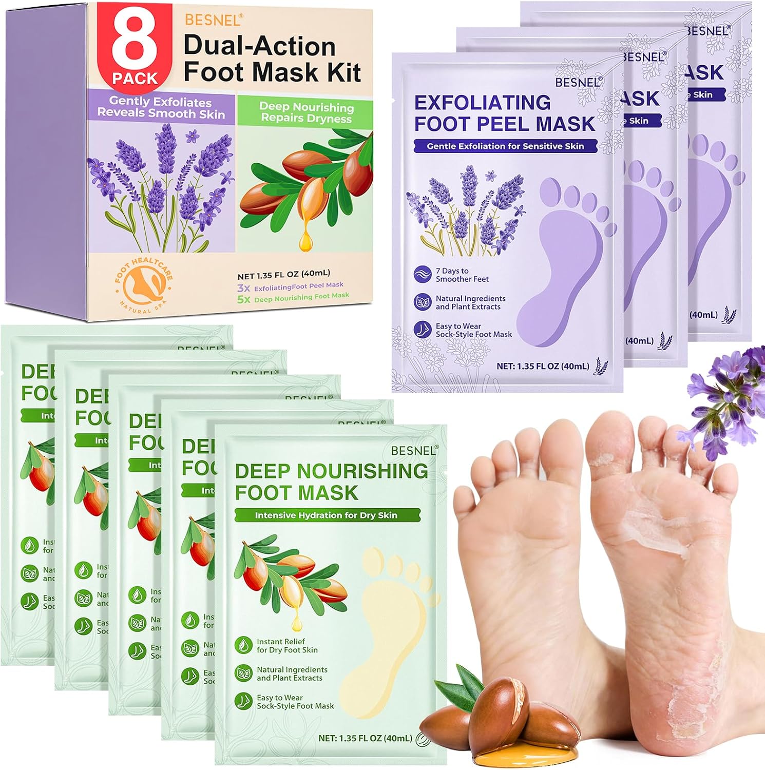 Besnel foot peeling and moisturizing foot mask kit front view showing the eight pack packaging