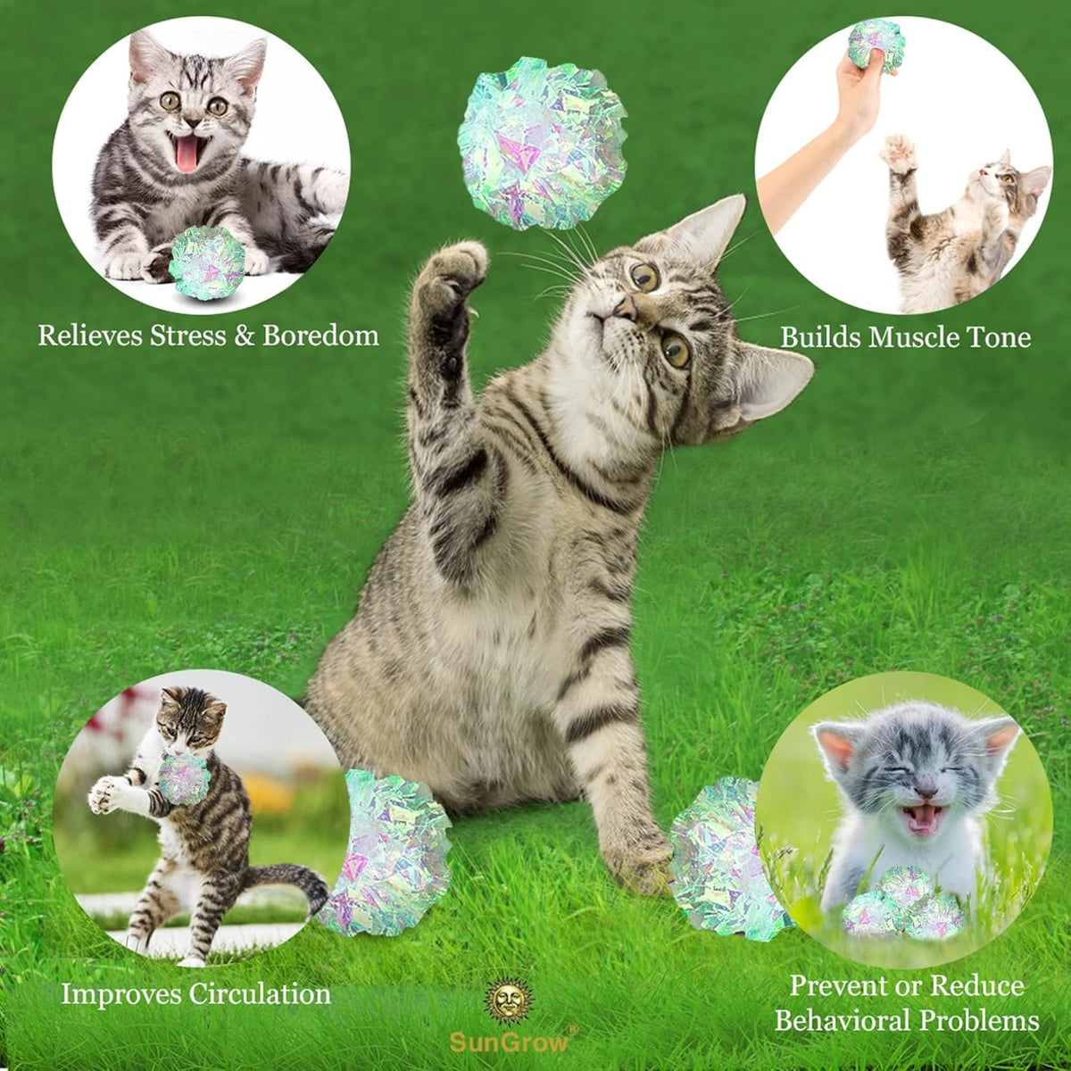 Shiny iridescent pet crinkle balls by SunGrow for mental stimulation.