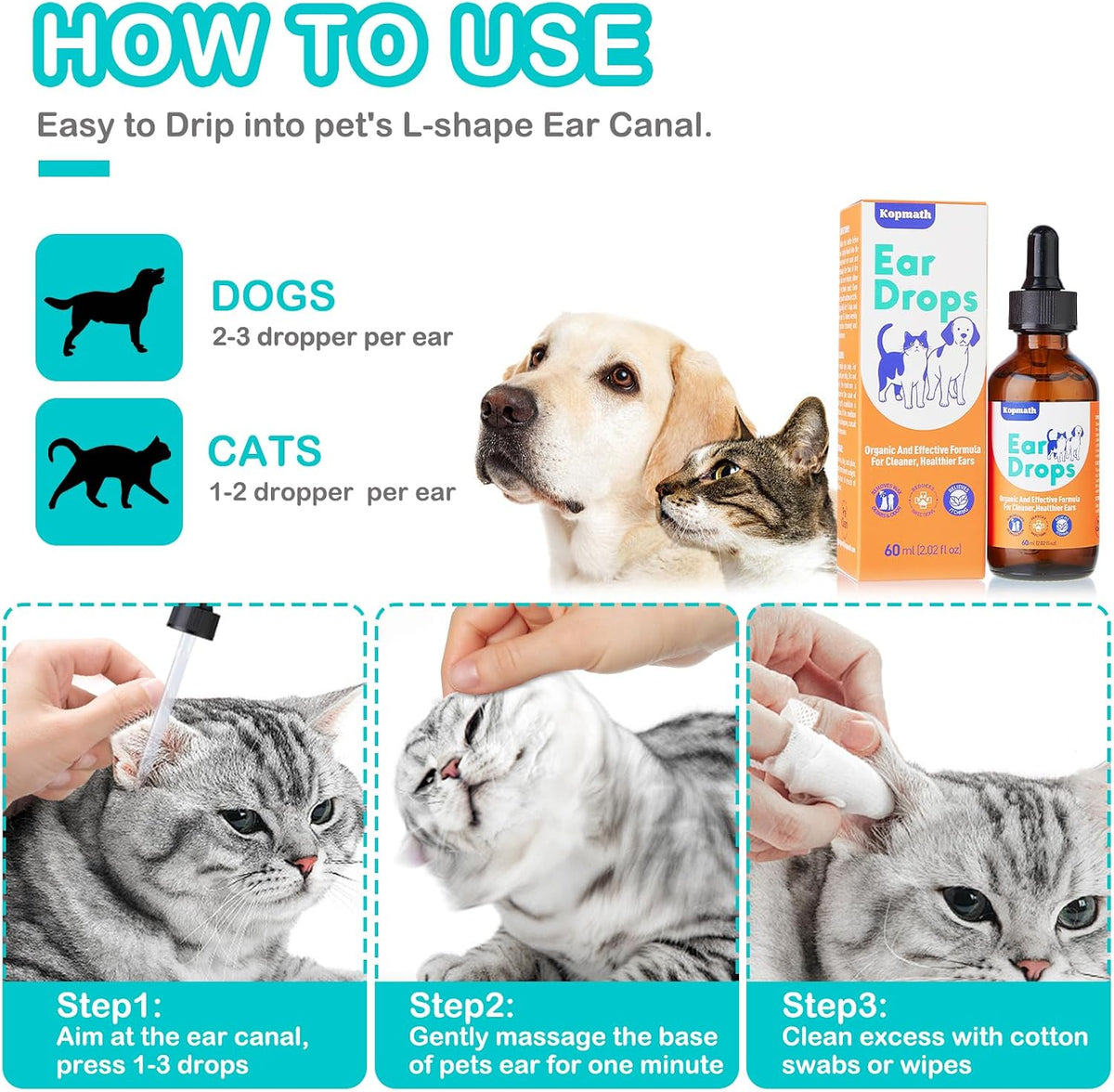 Pet ear drops with dropper accessory for easy application