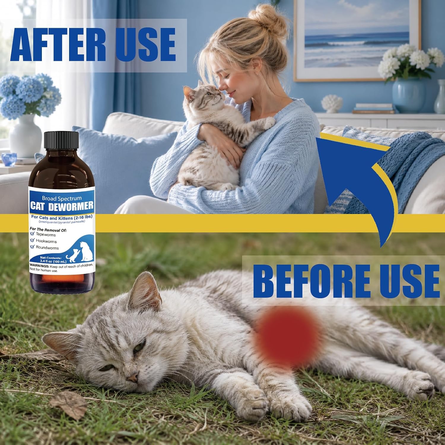 VetaCare broad spectrum oral suspension liquid bottle alongside product application guide