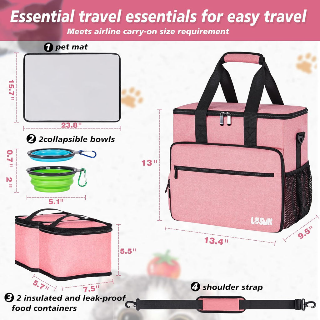 LASUK pet supply tote with two collapsible bowls and containers