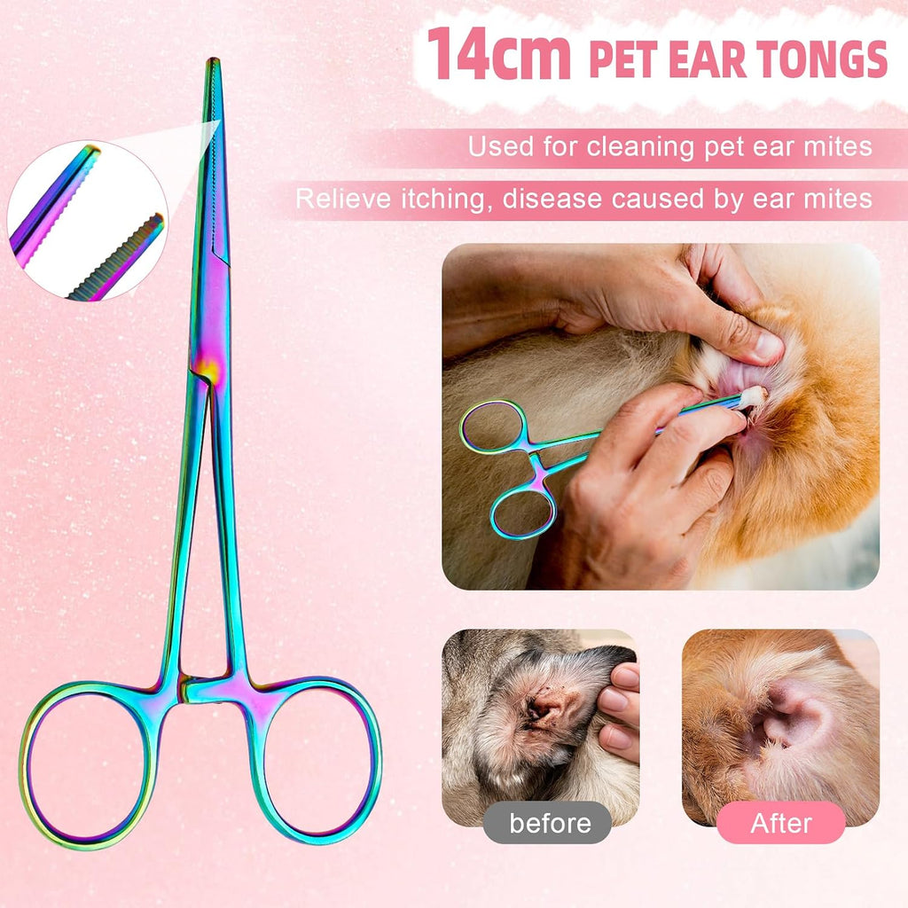 Nyutcwe rainbow stainless steel dog grooming scissors showing the adjustable tension screw control