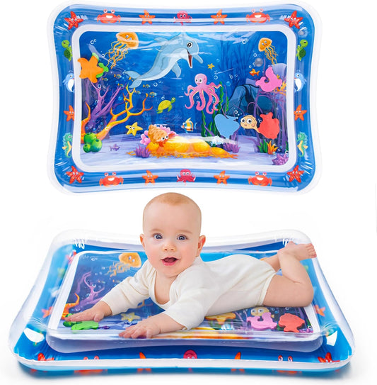 Yeeeasy Tummy Time Water Mat front view showing blue inflatable outer ring and ocean life graphic print