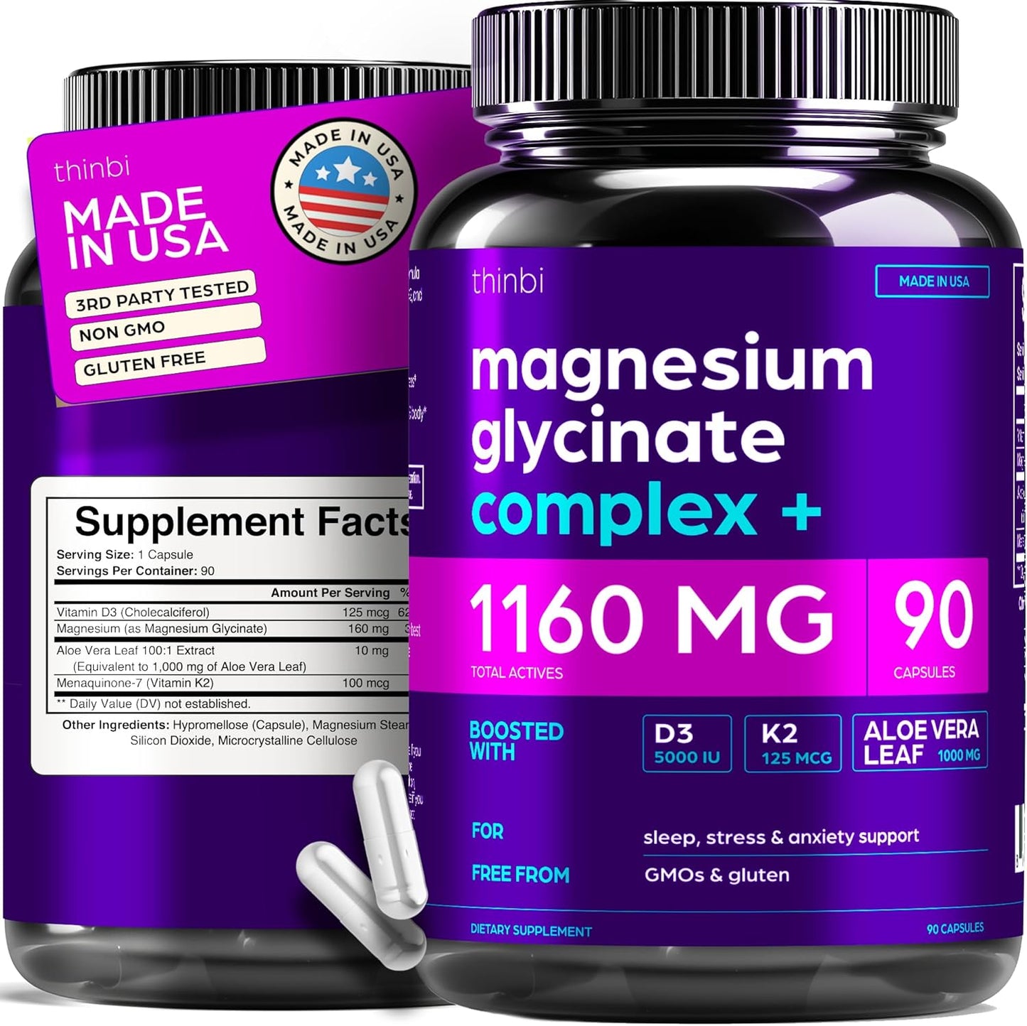 Thinbi Magnesium Glycinate 1160mg supplement bottle front view