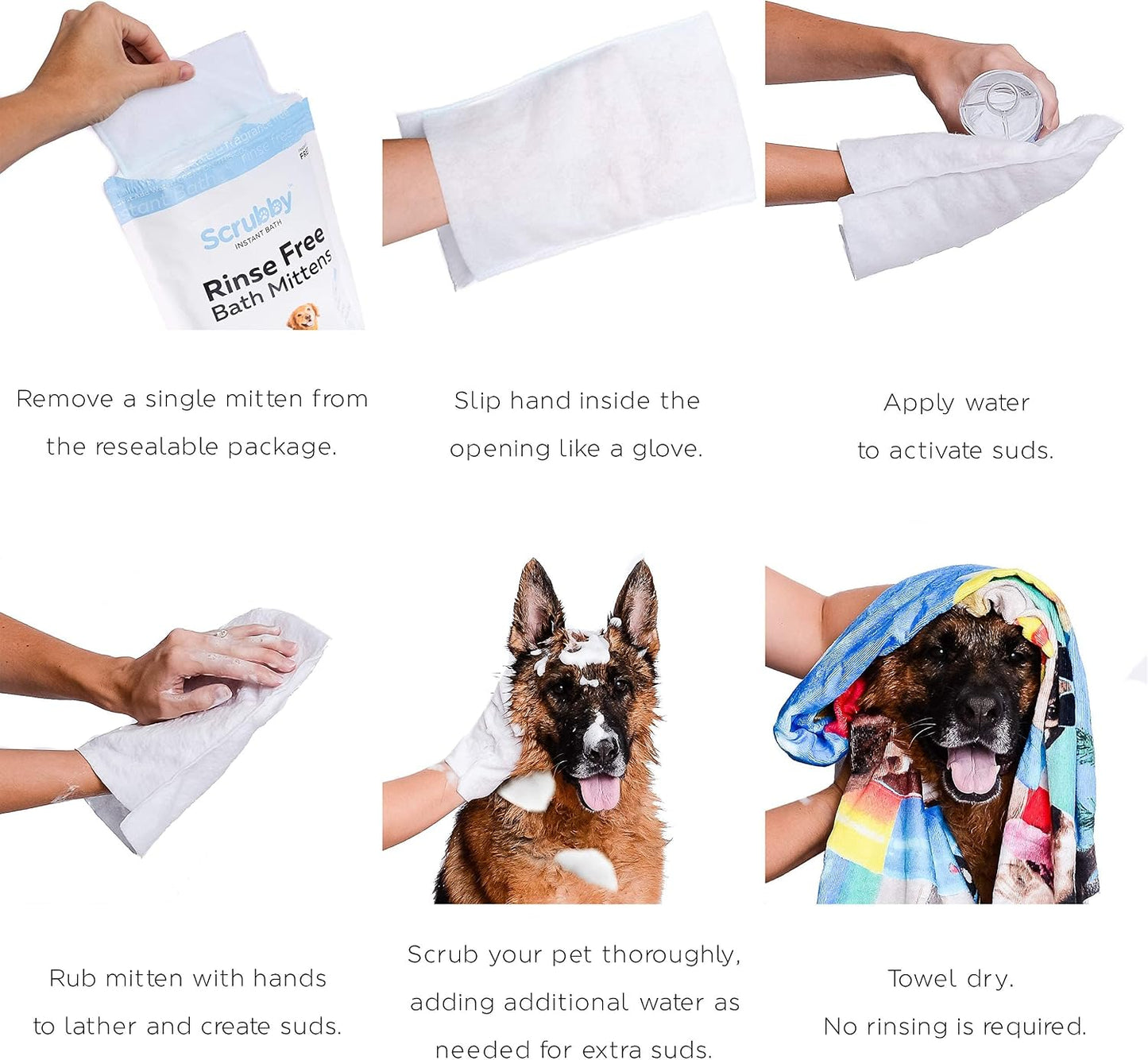 User demonstrating Scrubby Pet rinse free bath mittens on a dog
