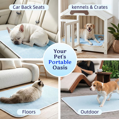 Medium size washable cat and dog cooling mat folded for travel.