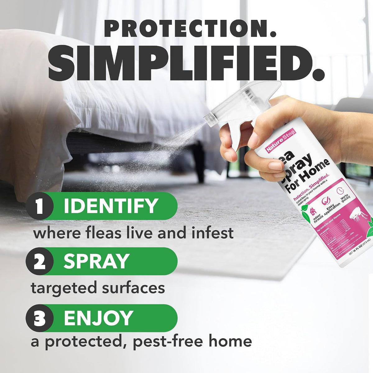 NatureStop indoor non staining flea killer spray bottle standing on a rug