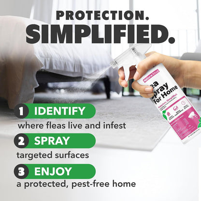 NatureStop indoor non staining flea killer spray bottle standing on a rug
