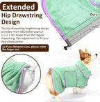 Close up view of the highly absorbent coral fleece material on the green pet towel jacket