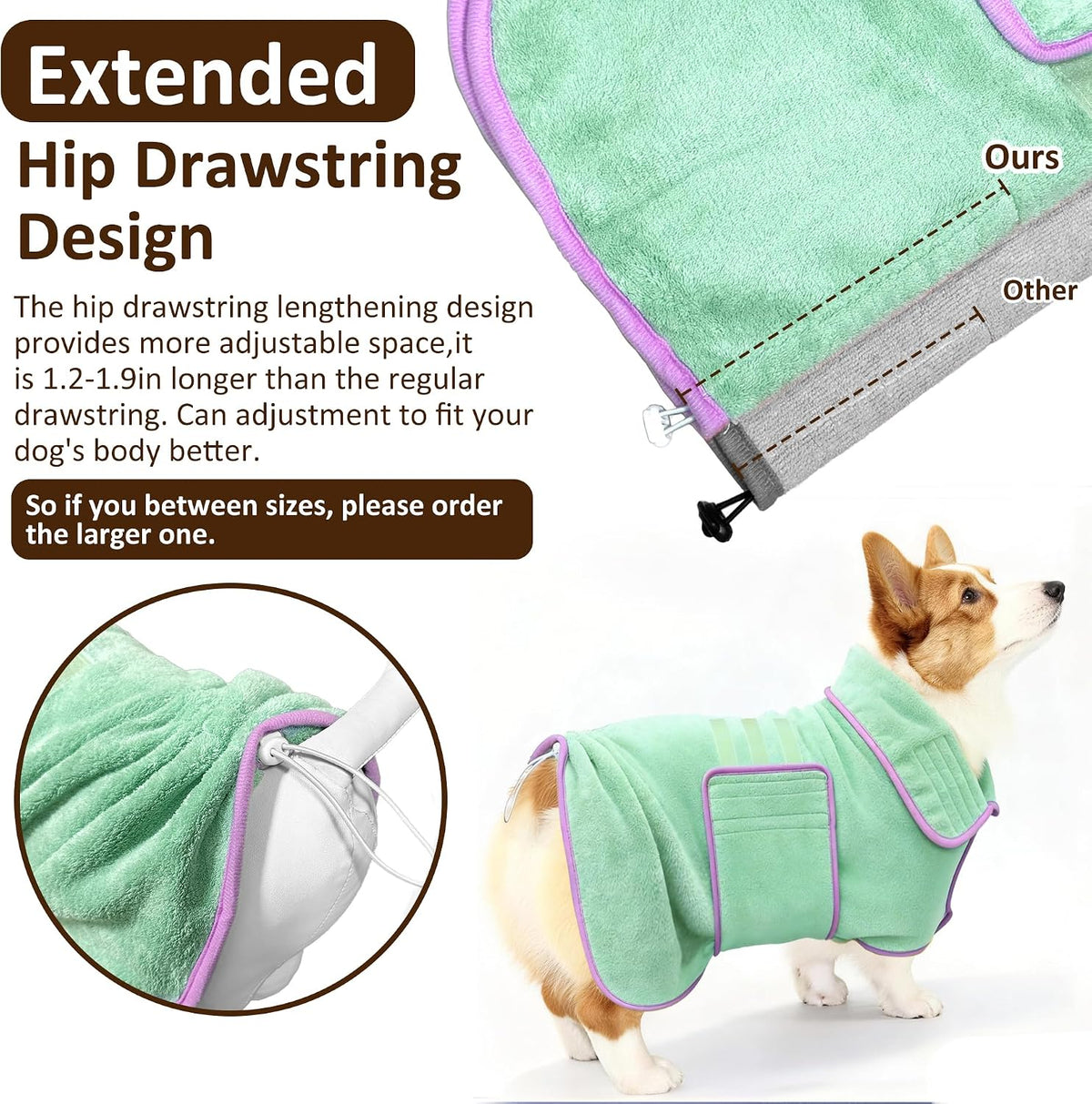 Close up view of the highly absorbent coral fleece material on the green pet towel jacket