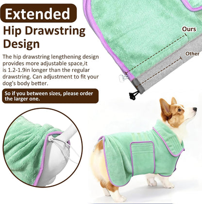 Close up view of the highly absorbent coral fleece material on the green pet towel jacket