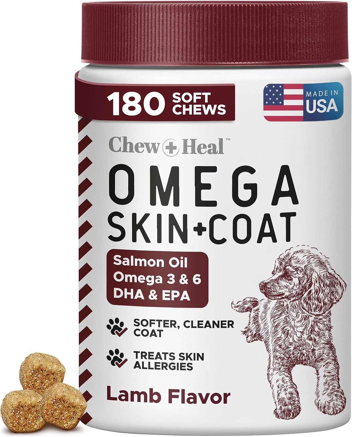 Chew + Heal Labs pet vitamins and supplements container highlighting 180 count size