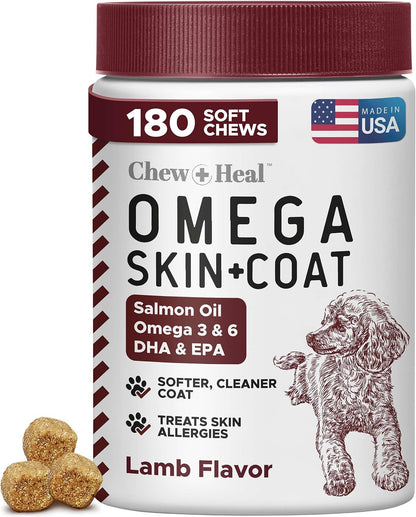 Chew + Heal Labs pet vitamins and supplements container highlighting 180 count size