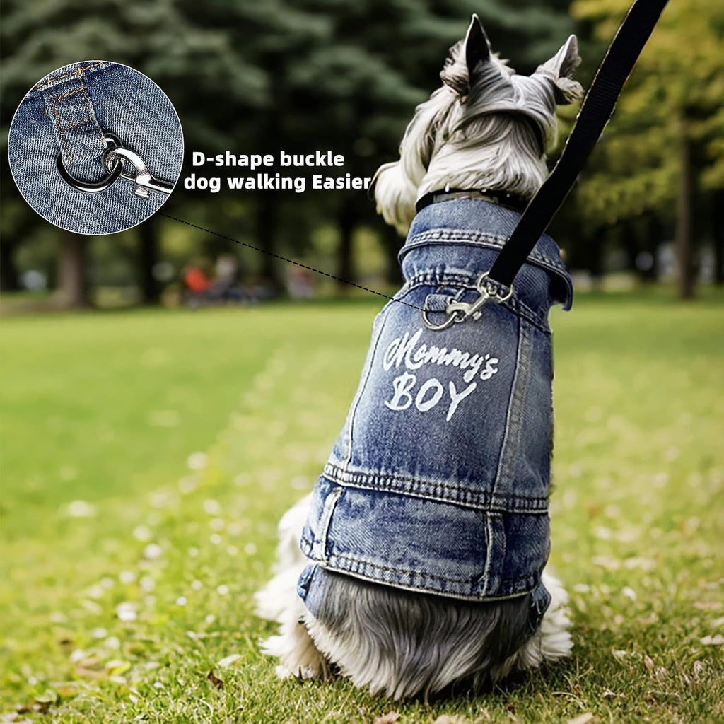 JcDuDoi pet denim coat back view featuring the detailed Mommy's Boy embroidery design.