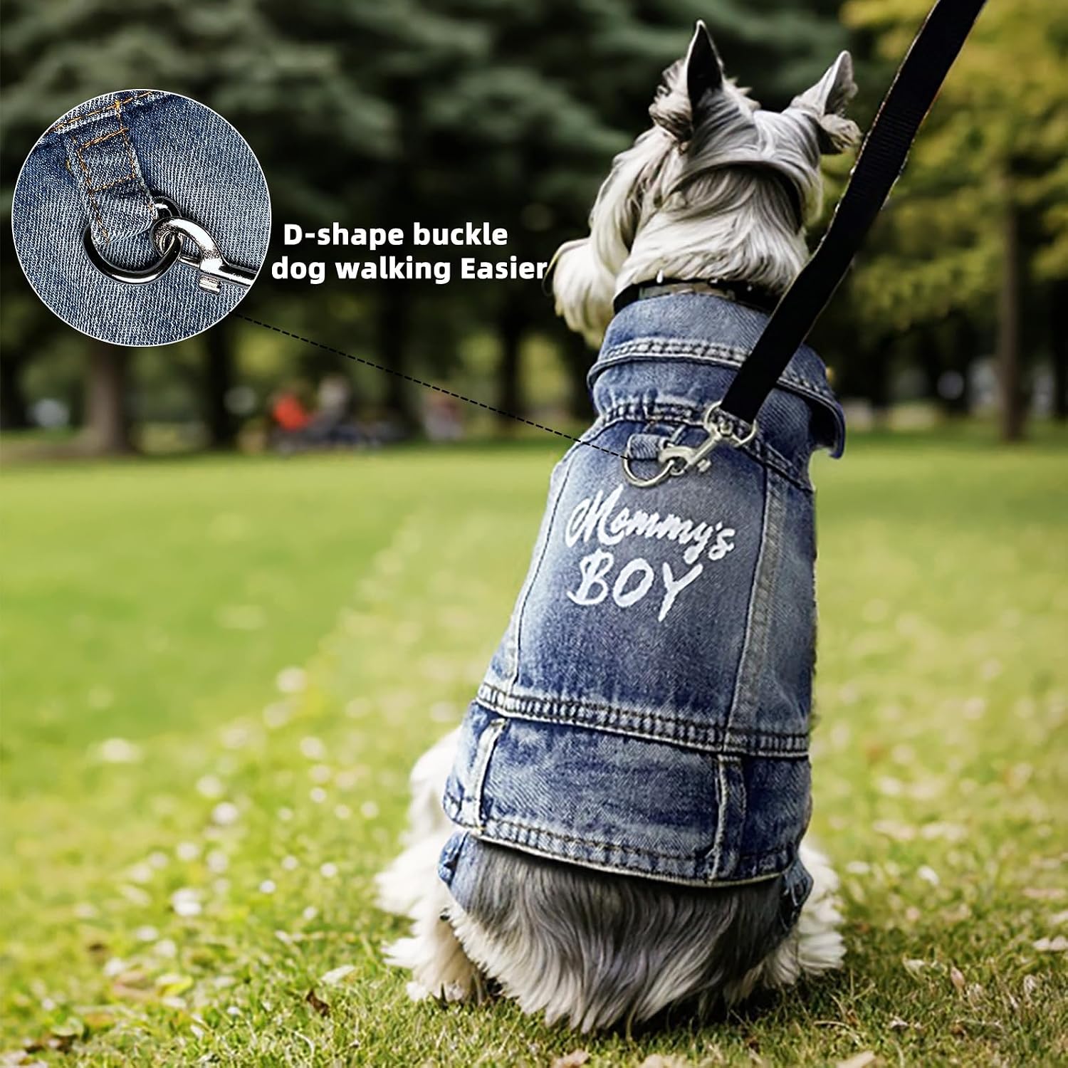 JcDuDoi pet denim coat back view featuring the detailed Mommy's Boy embroidery design.