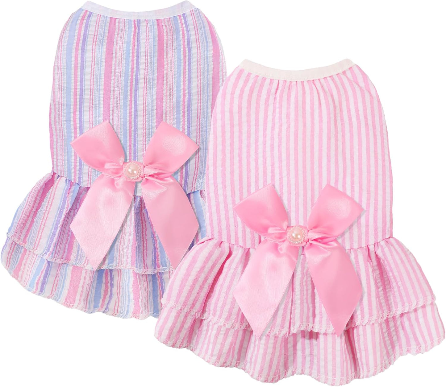 Pawchie pet princess dog dress front view showing pink striped tiered skirt and large bowknot