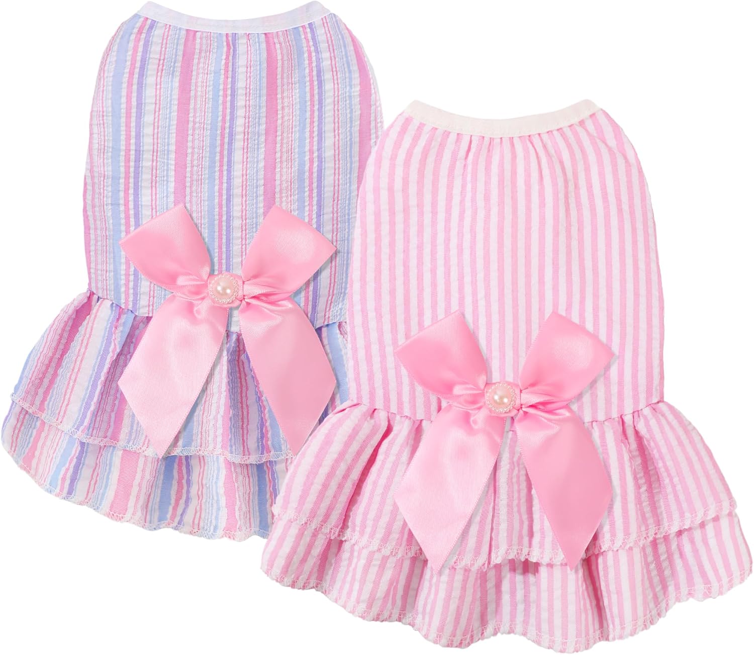 Pawchie pet princess dog dress front view showing pink striped tiered skirt and large bowknot