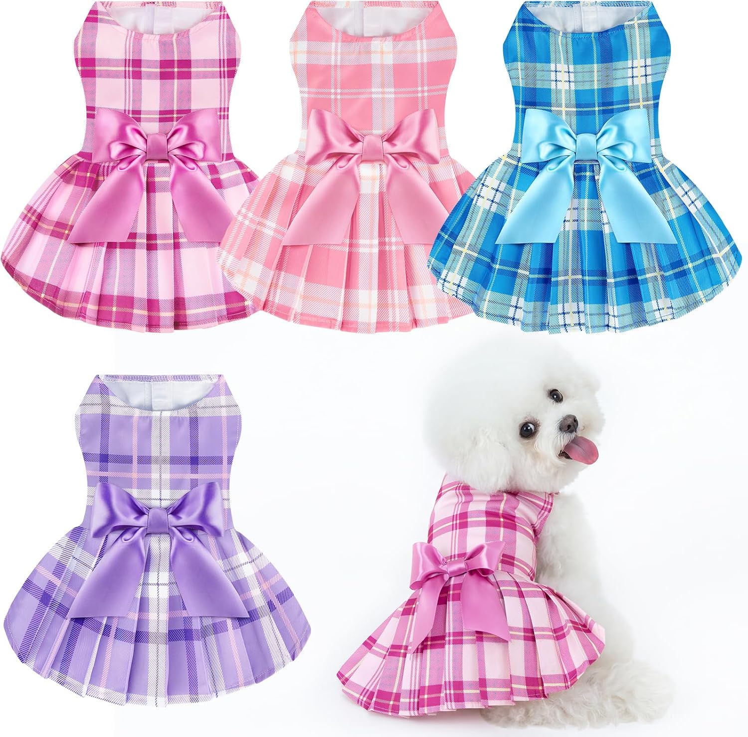 XPUDAC Plaid Dog Dress pack of four front view authentic imported puppy clothes