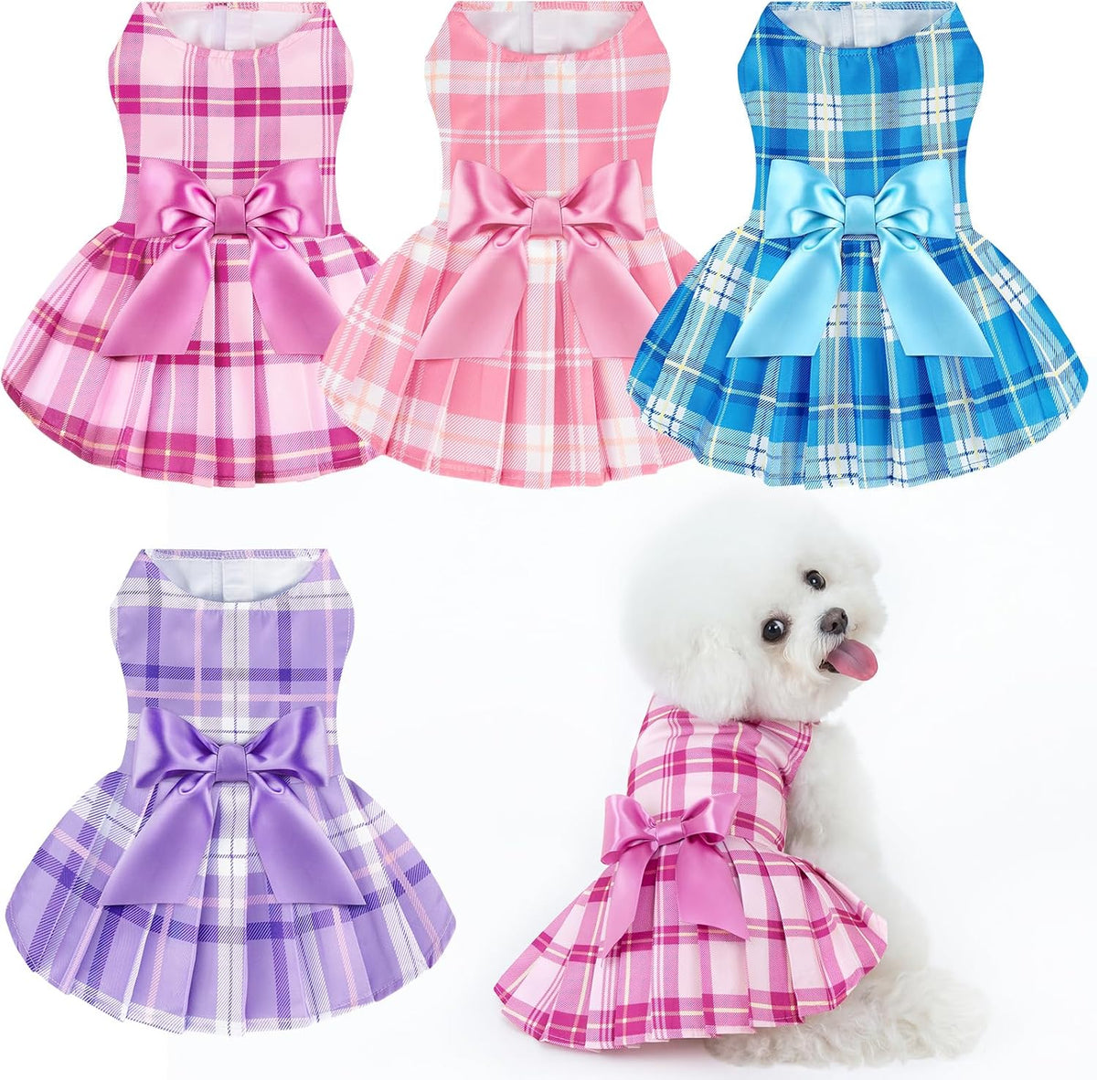 XPUDAC Plaid Dog Dress pack of four front view authentic imported puppy clothes
