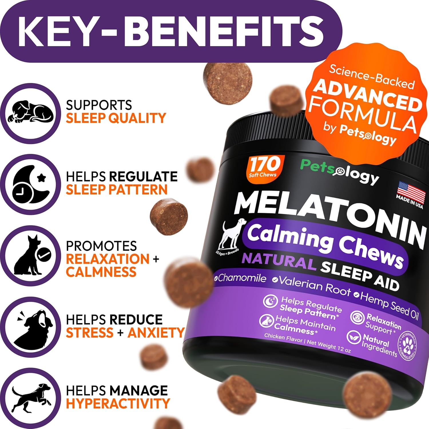 Petsology dog melatonin soft chews showing chicken flavor treats for pet anxiety.