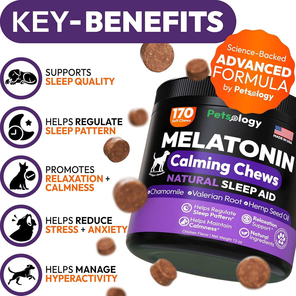 Petsology dog melatonin soft chews showing chicken flavor treats for pet anxiety.