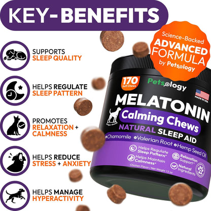 Petsology dog melatonin soft chews showing chicken flavor treats for pet anxiety.