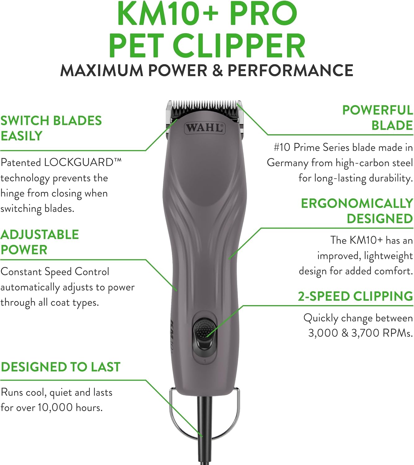 Wahl professional pet trimmer displaying the German-made Number 10 Prime Series detachable blade.