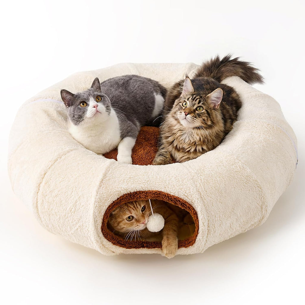 ZOMISIA Cat Tunnel Bed for Indoor Cats, Cute Cat Donut Toy Tunnel for Small Large Cats, Peekaboo Pet Cave Play Tunnel Toys for Kitten/Rabbit,Beige - Image 9
