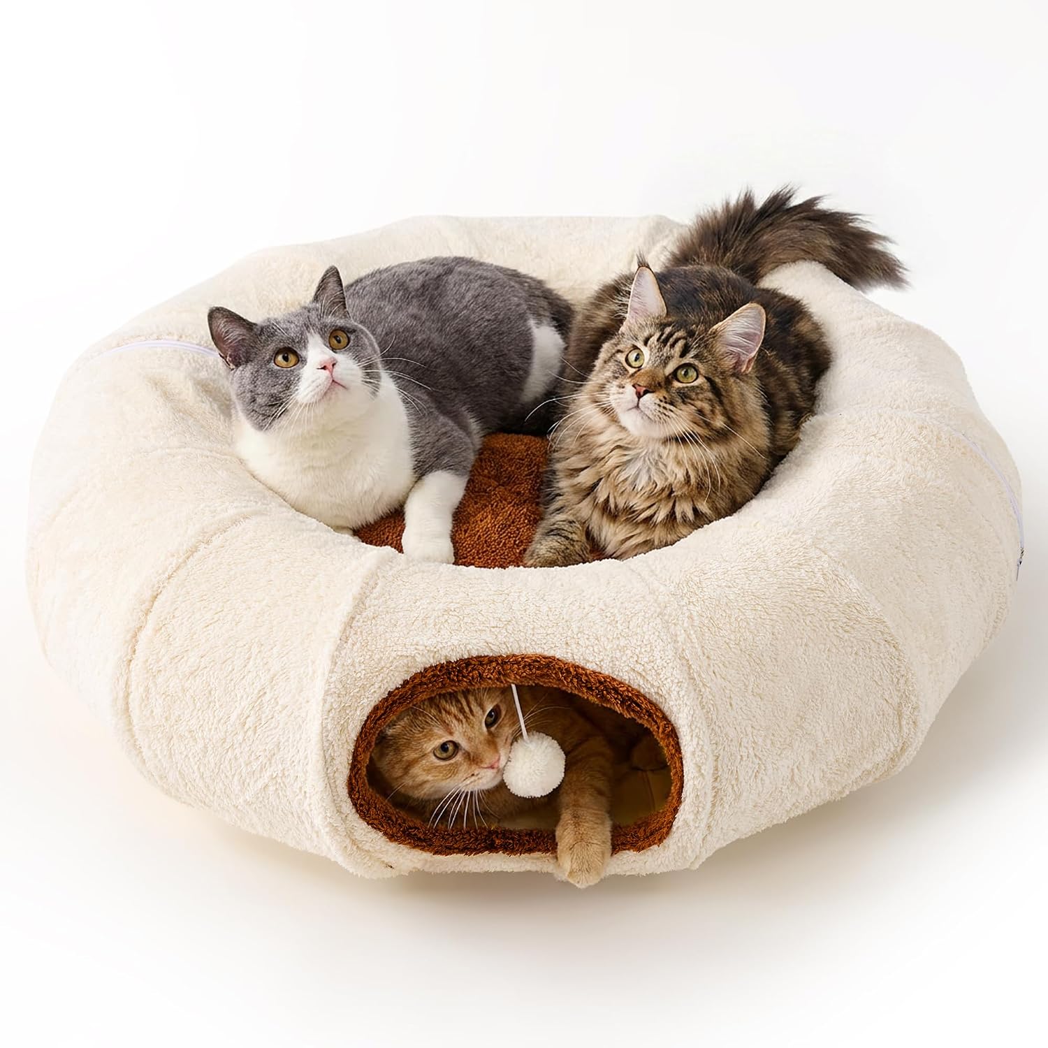 ZOMISIA Cat Tunnel Bed for Indoor Cats, Cute Cat Donut Toy Tunnel for Small Large Cats, Peekaboo Pet Cave Play Tunnel Toys for Kitten/Rabbit,Beige - Image 9