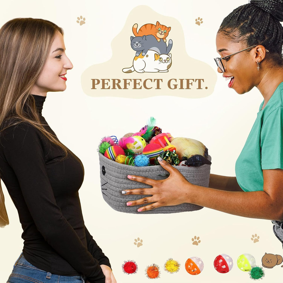 A comprehensive view of fifty-seven colorful pet toys neatly packed inside the grey storage basket