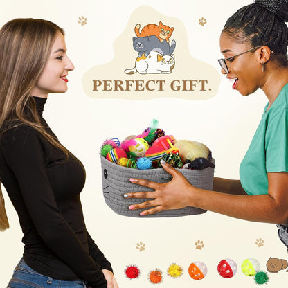 A comprehensive view of fifty-seven colorful pet toys neatly packed inside the grey storage basket