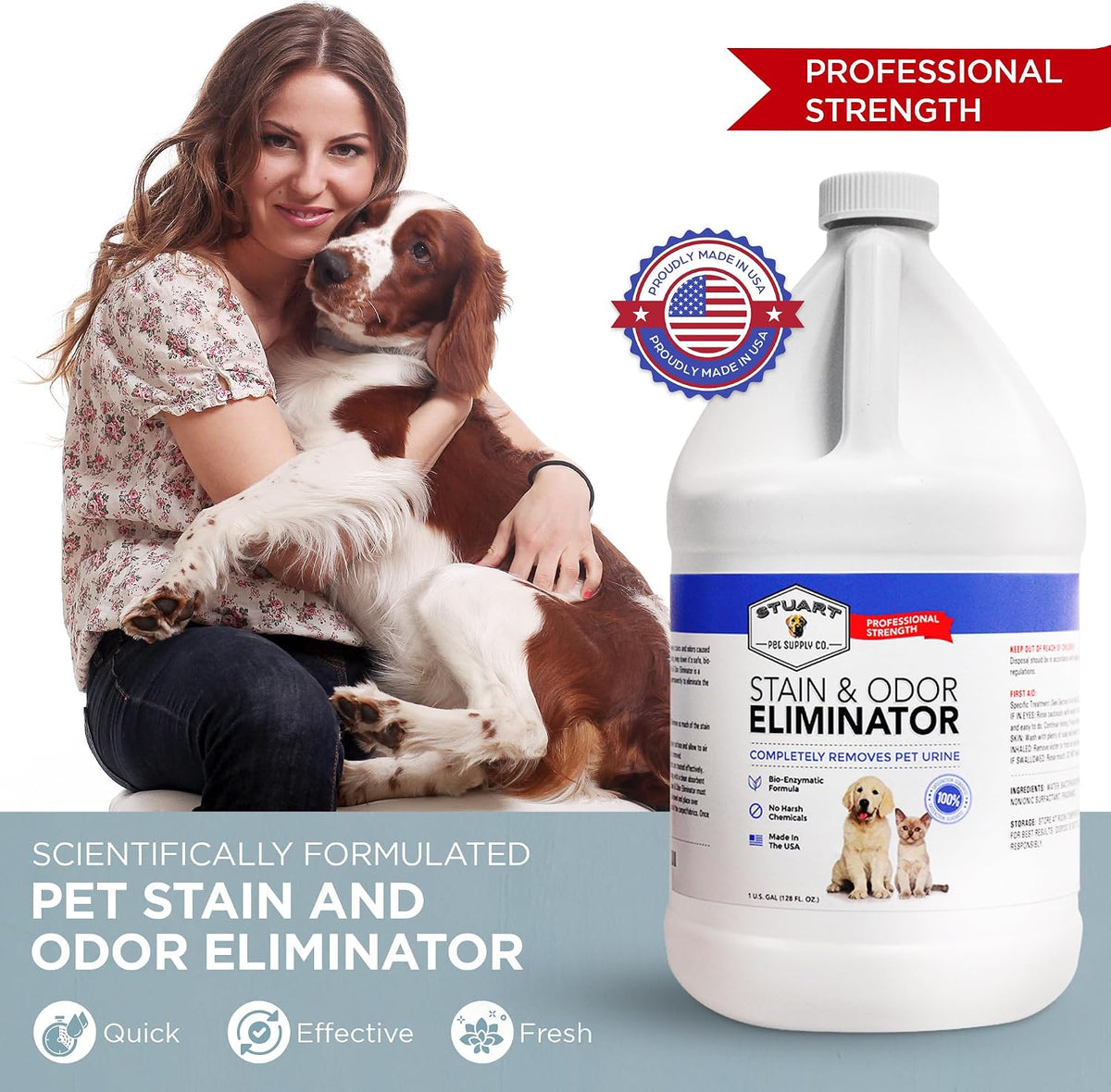 Close up of Stuart Pet Supply Co. enzymatic pet stain remover bottle