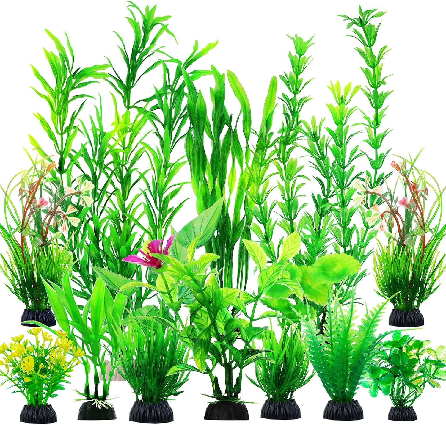 CousDUoBe 12 piece aquarium decorations green plants front view of the full artificial plant set