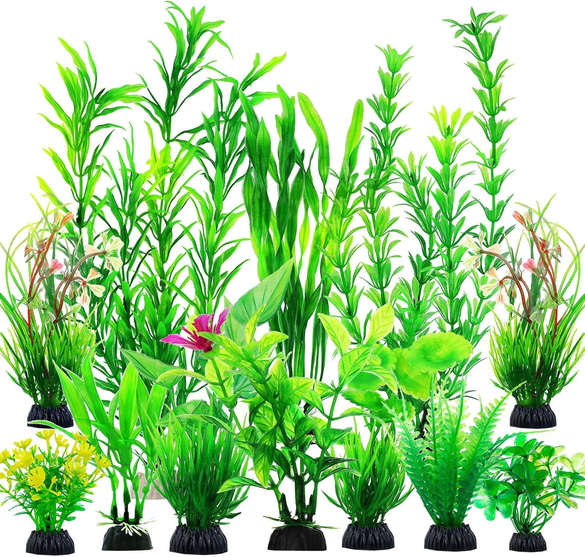 CousDUoBe 12 piece aquarium decorations green plants front view of the full artificial plant set