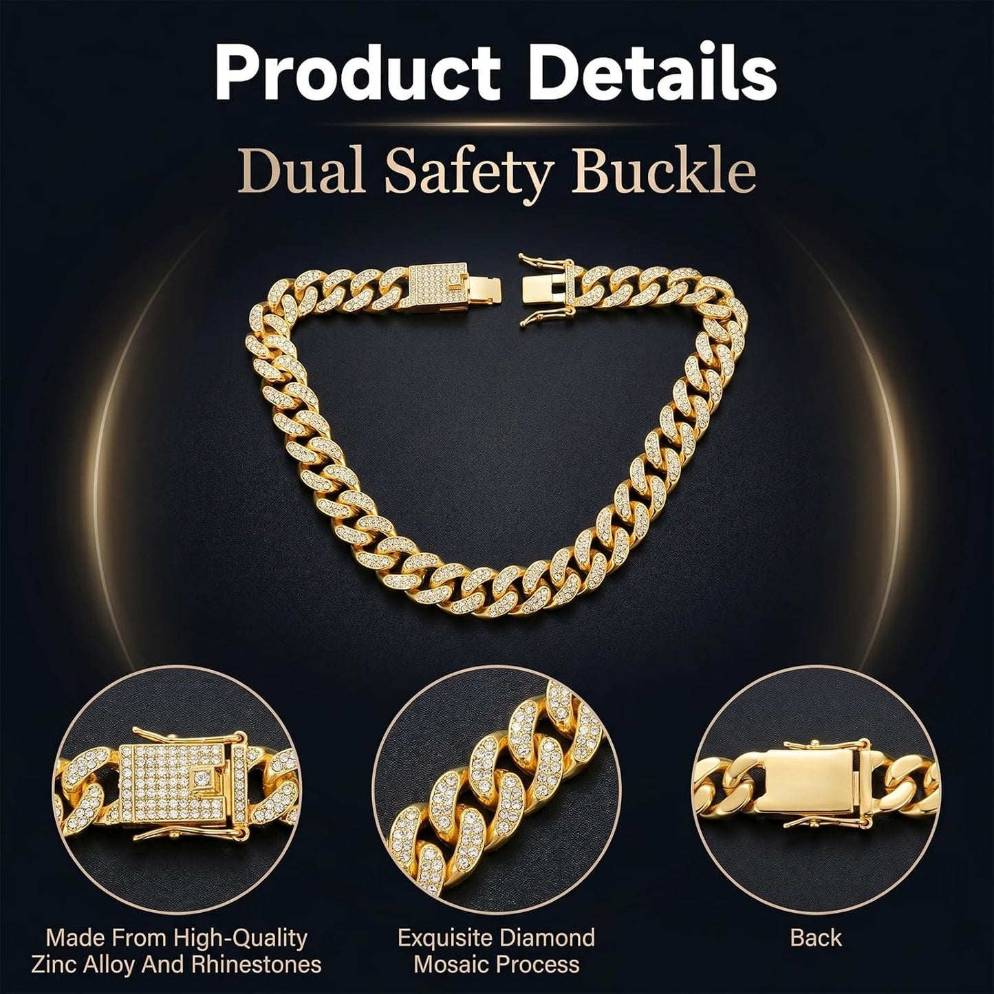 Silver diamond coated pet chain collar displayed flat showing the shiny rhinestone encrusted links