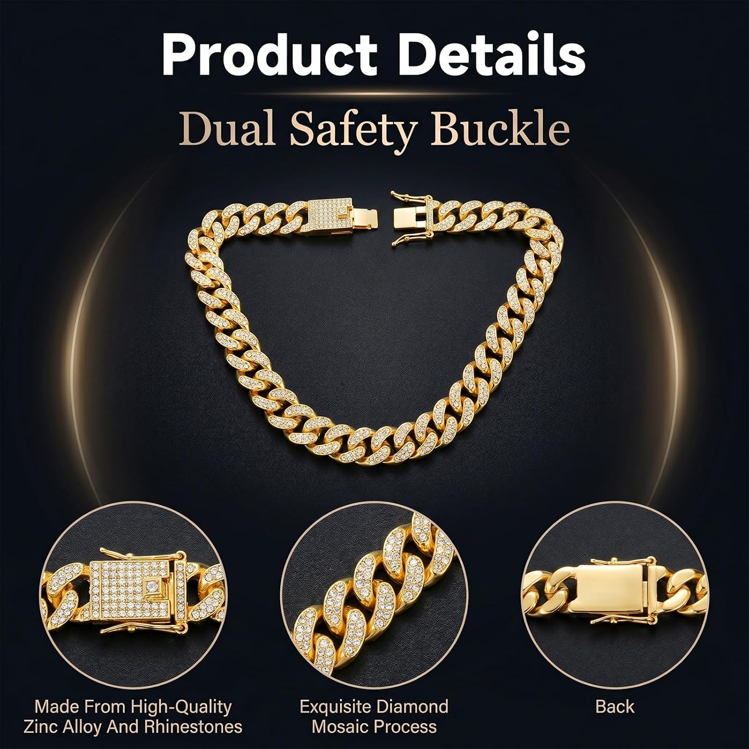 Silver diamond coated pet chain collar displayed flat showing the shiny rhinestone encrusted links
