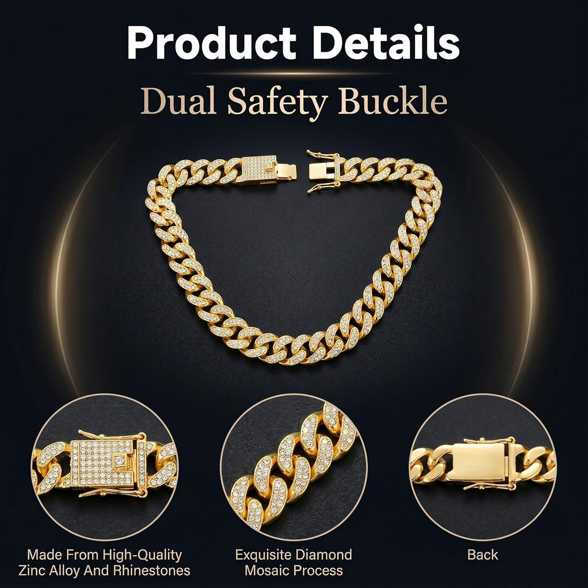 Silver diamond coated pet chain collar displayed flat showing the shiny rhinestone encrusted links